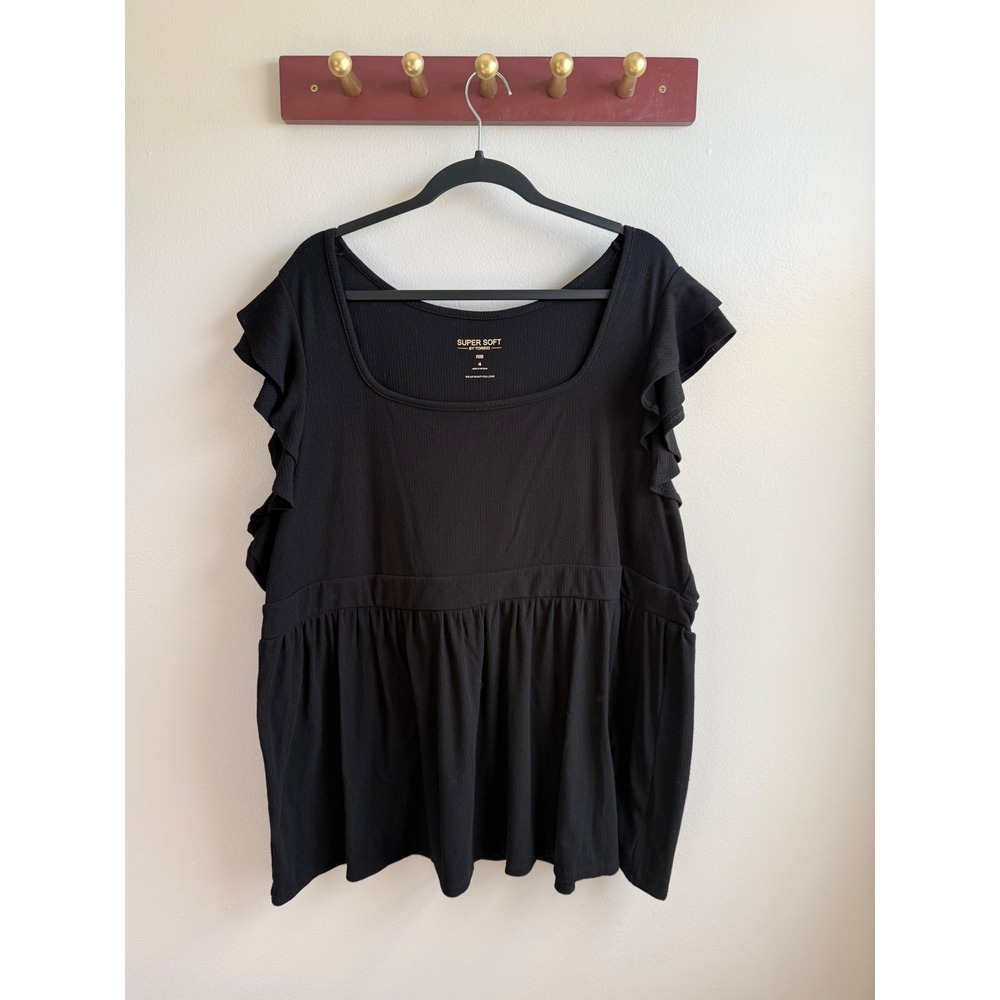 Torrid Super Soft Black Ribbed Babydoll Ruffle Sleeve Top Square Neck 4 4X